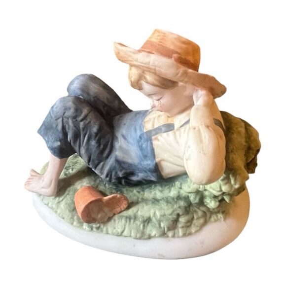 Lefton Vintage Fishing Boy Hand Painted Figure 1983 Personal Inscription On Bott - Picture 2 of 6